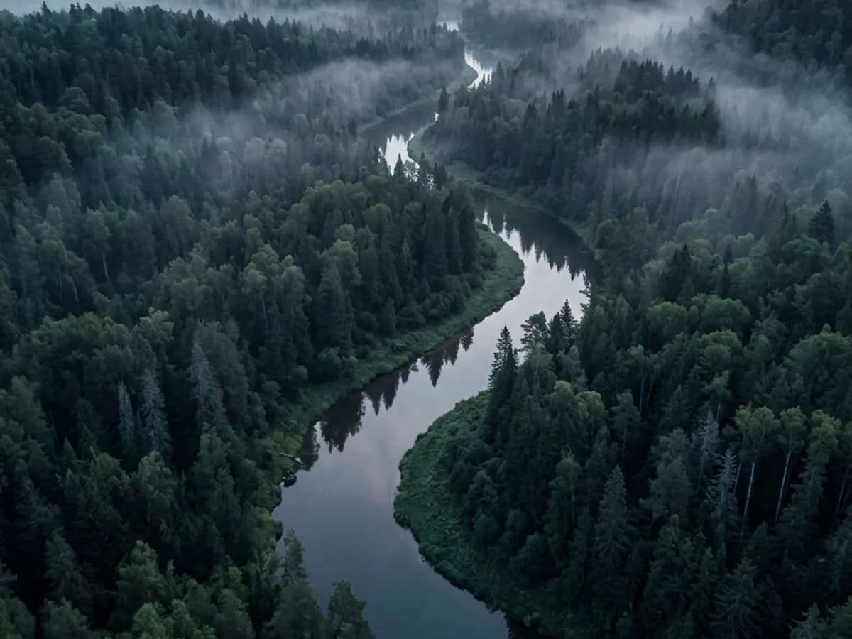 Flusslauf durch nebligen Wald aus der Luft – Natur, die von jedem Auftrag profitiert